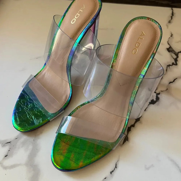 ALDO PVC Clear Double Strap Green Iridescent Mermaid Sandal Heels Size 8.5 - Picture 7 of 11